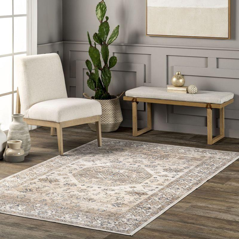 Beige and Ivory Synthetic Washable 4' x 6' Area Rug