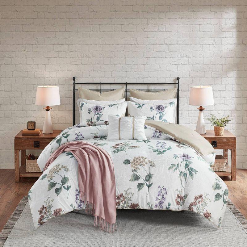 Madison Park Zennia 7 Piece Seersucker Floral Comforter Set with Throw Blanket