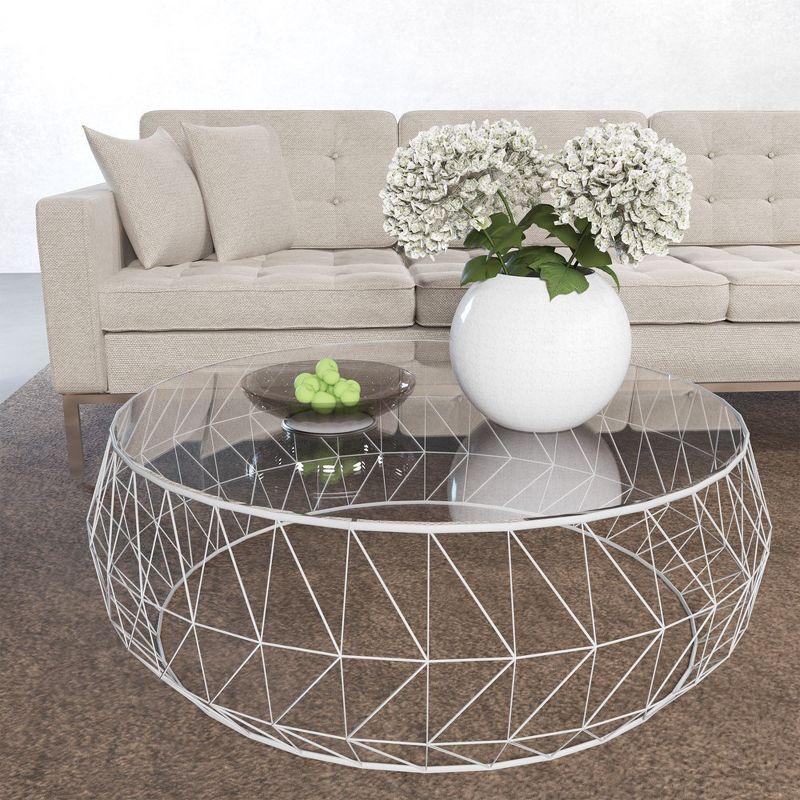 LeisureMod Malibu Modern Round Glass Top Coffee Table With Metal Base