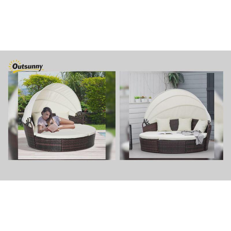 Outsunny Round Daybed, 4-piece Cushioned Outdoor Rattan Wicker Sunbed or Conversational Sofa Set with Sun Canopy, Dark Gray