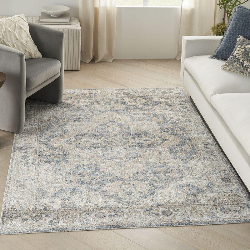 Grey and Blue Floral Medallion Washable Area Rug 5'3" x 7'