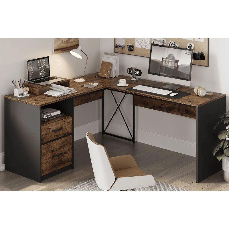 Bestier 55 Inch Office L-Shaped Desk with Reversible File Drawer