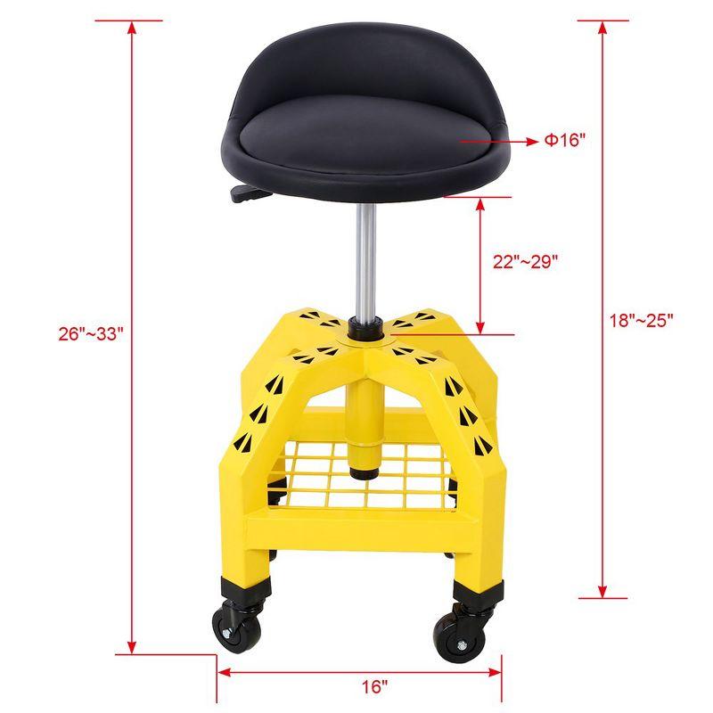 Yellow Adjustable Height Rolling Garage Stool with Casters and Tool Tray