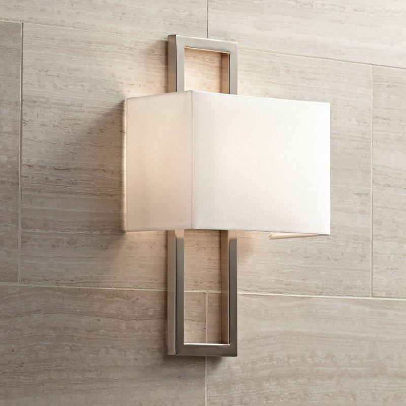 Possini Euro Design Modern Wall Light Sconces Set of 2 Brushed Nickel Hardwired 9 1/2" Fixture Silvery Faux Silk Shade for Bedroom