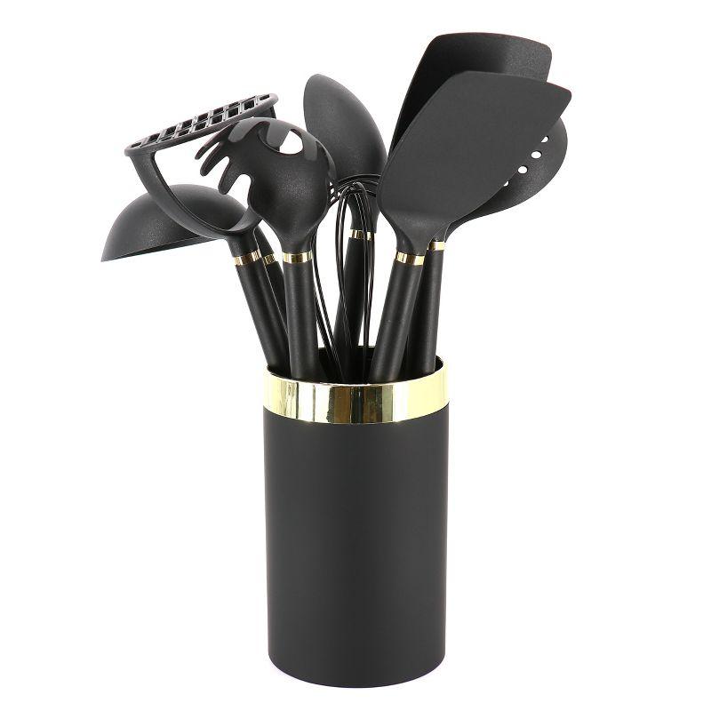 Gibson Home Hampsbridge 10 Piece Nylon Kitchen Tool Set and Utensil Crock in Black and Gold