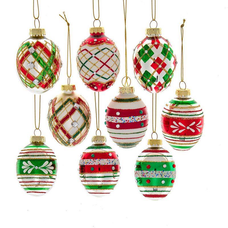 45MM Red and Green Glass Egg Ornaments with Rhinestones, 9-Piece Set