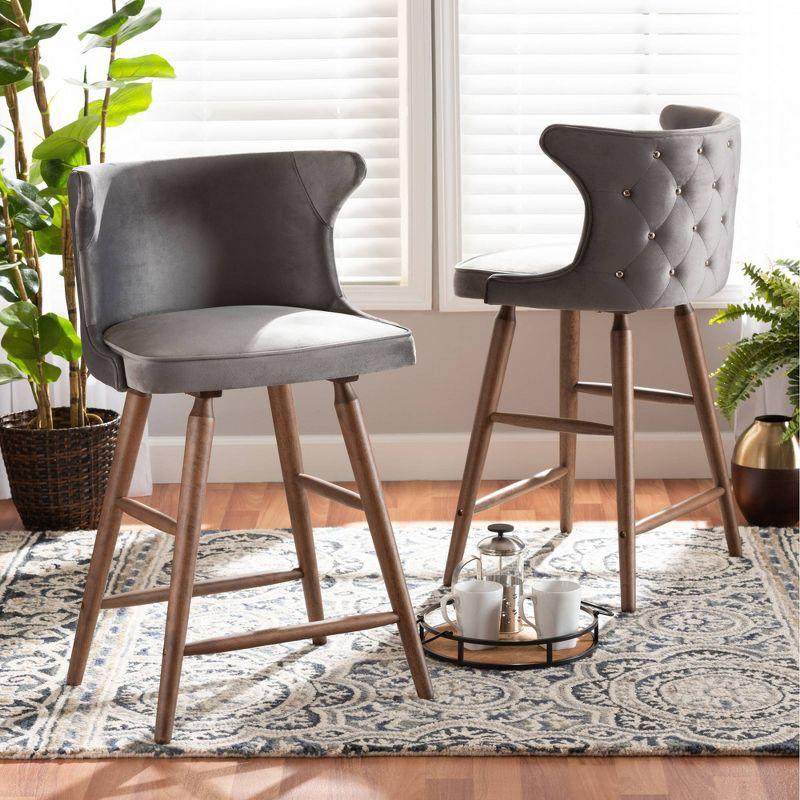 2pc Sagira Velvet & Wood Counter Height Barstool Set with Footrest - Baxton Studio