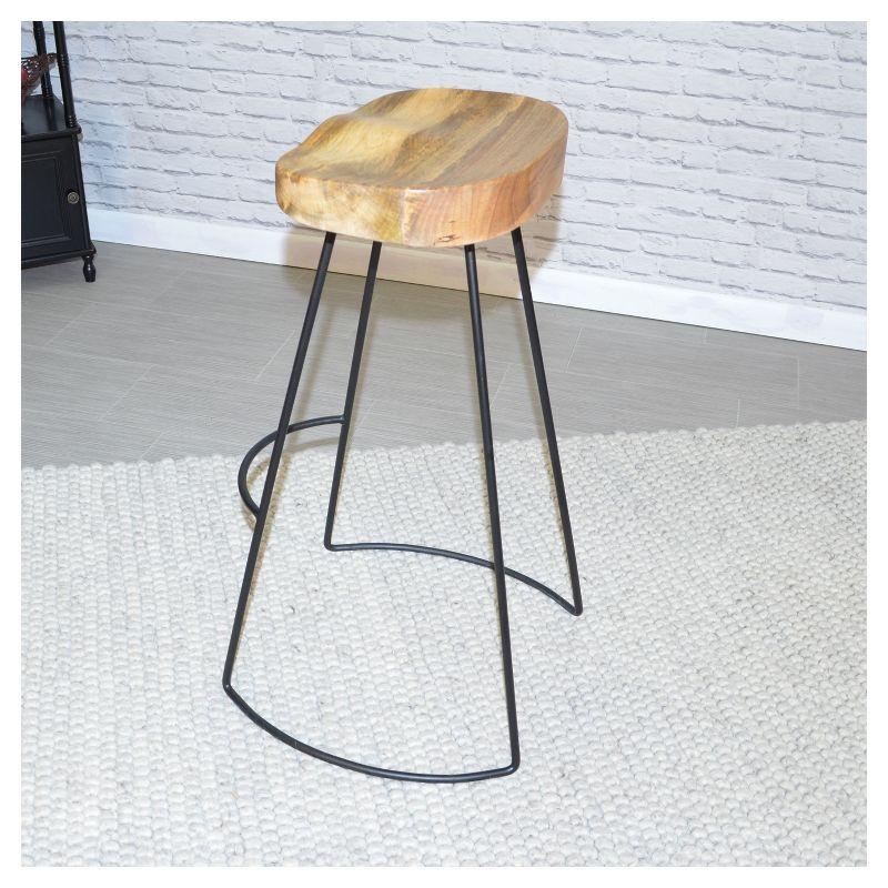 Saddle-Style Natural Mango Wood and Black Metal 30" Barstool Set