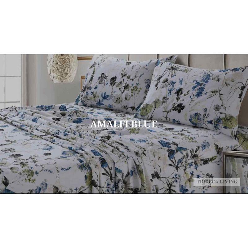 California King Blue Floral Print Satin Deep Pocket Sheet Set