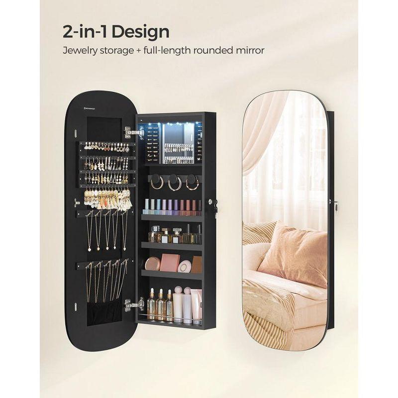 SONGMICS Jewelry Organizer, LED Jewelry Cabinet Wall or Door Mounted, Lockable Rounded Wide Mirror with Storage,Black Surface with Greige Lining