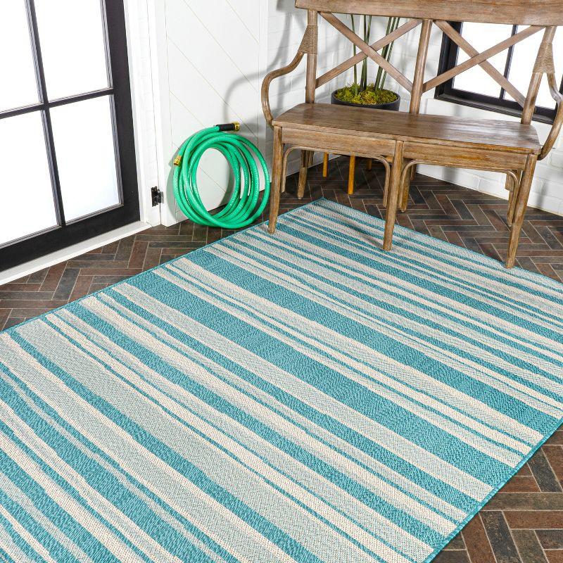 Aqua and Cream Stripe Synthetic 4' x 6' Indoor/Outdoor Rug