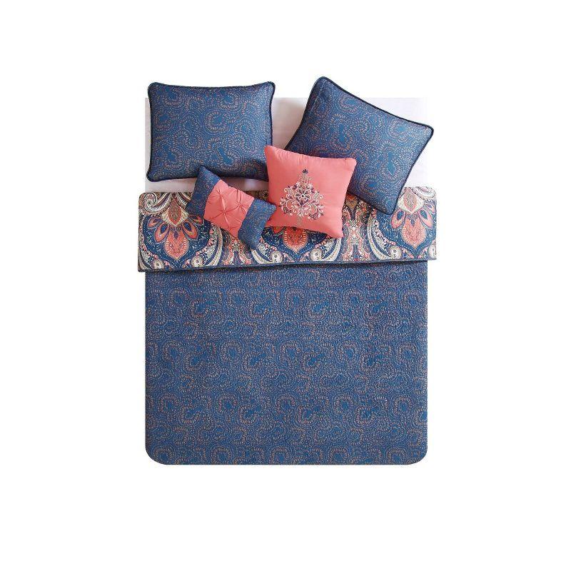 Coral and Blue Reversible Microfiber King Quilt Set