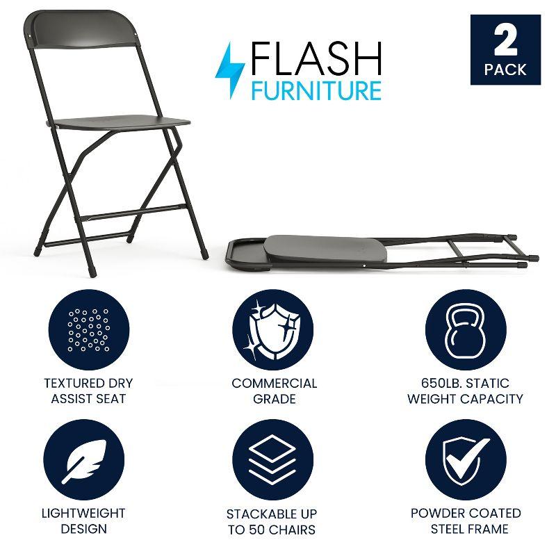 Flash Furniture Hercules Series Plastic Folding Chair Black - 2 Pack 650LB Weight Capacity Comfortable Event Chair-Lightweight Folding Chair