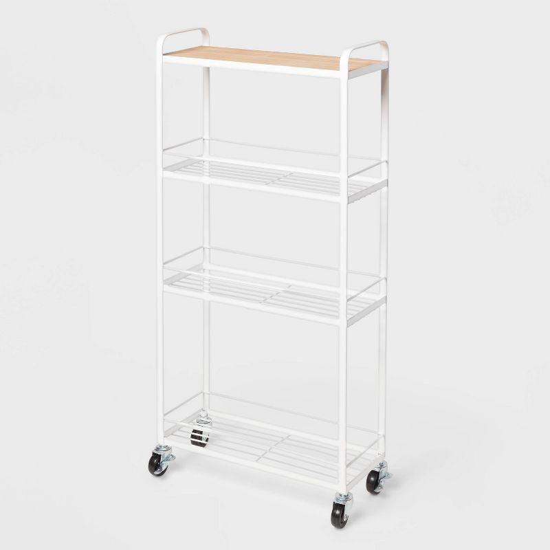 Matte White and Wood Skinny Storage Cart with Mesh Shelves