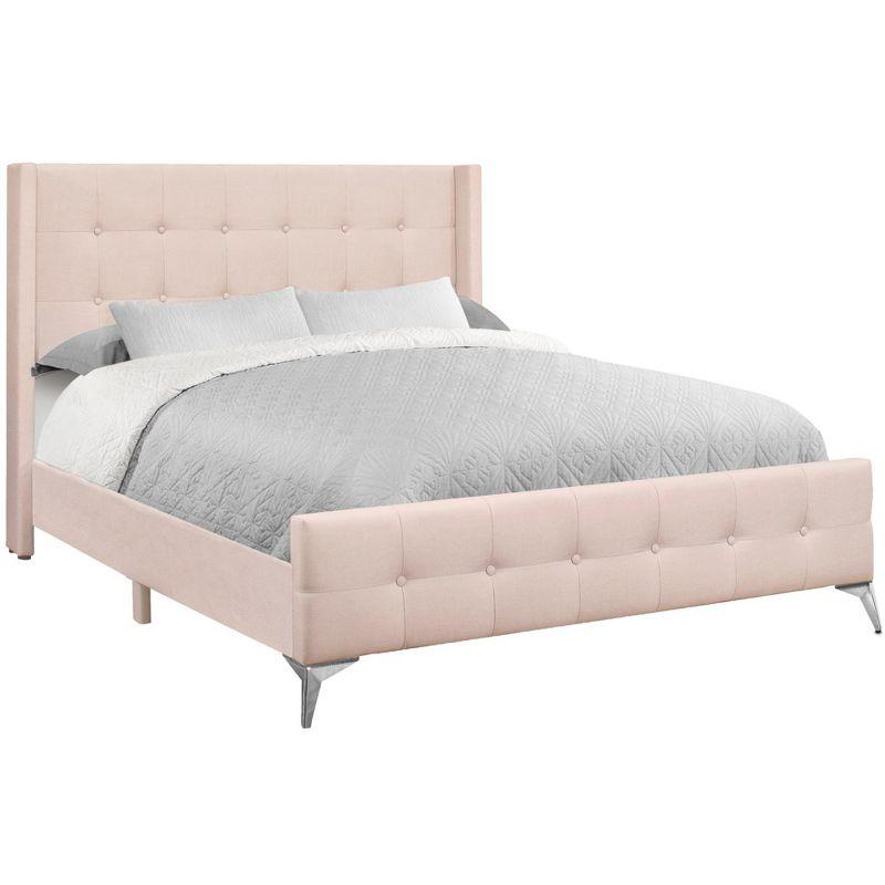 Monarch Specialties Bed Queen Size Bedroom Upholstered Pink Velvet Chrome Metal Legs