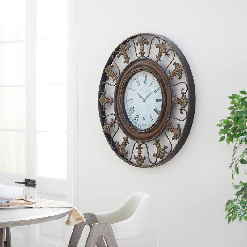 Metal Fleur De Lis Wall Clock Brown - Olivia & May: Silent, Rustic Iron, Roman Numerals