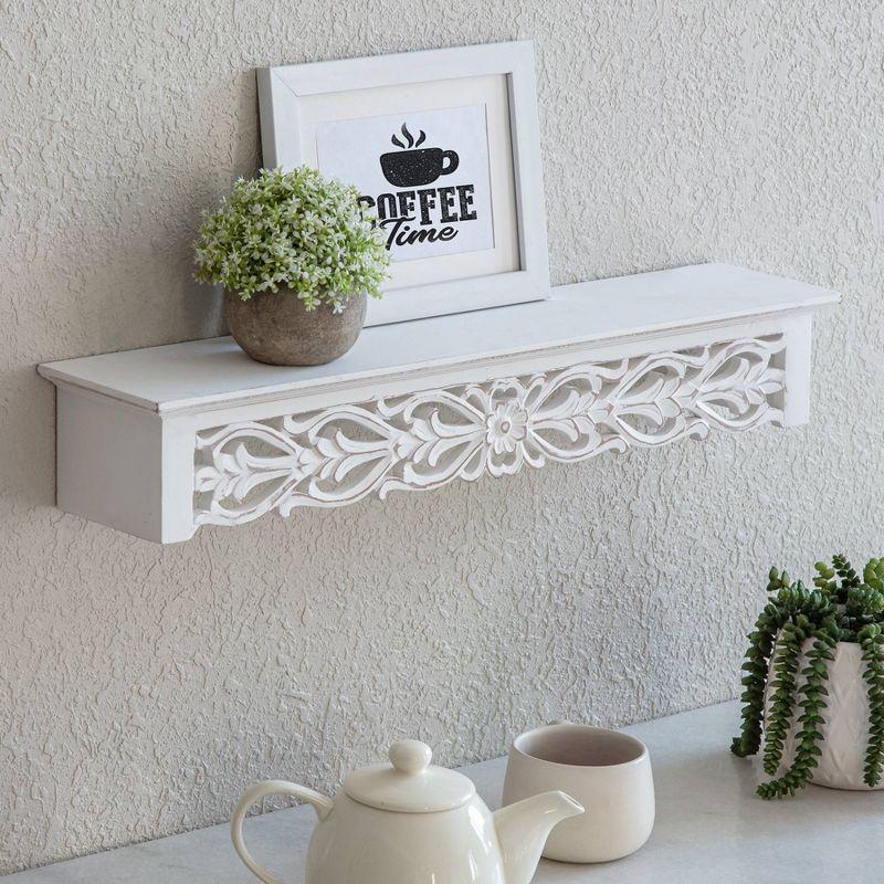 Hyla 24" White Carved Botanical Floating Shelf