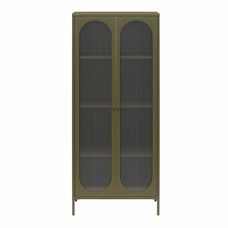 Olive Green Tall Metal Cabinet with Fluted Glass Doors