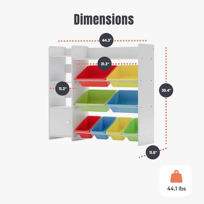 Sturdis Toy Storage Organizer with Bookshelf, Kids Playroom Organization Shelving Unit with Removable Colorful Storage Bins & Anti-Tip Bracket, White