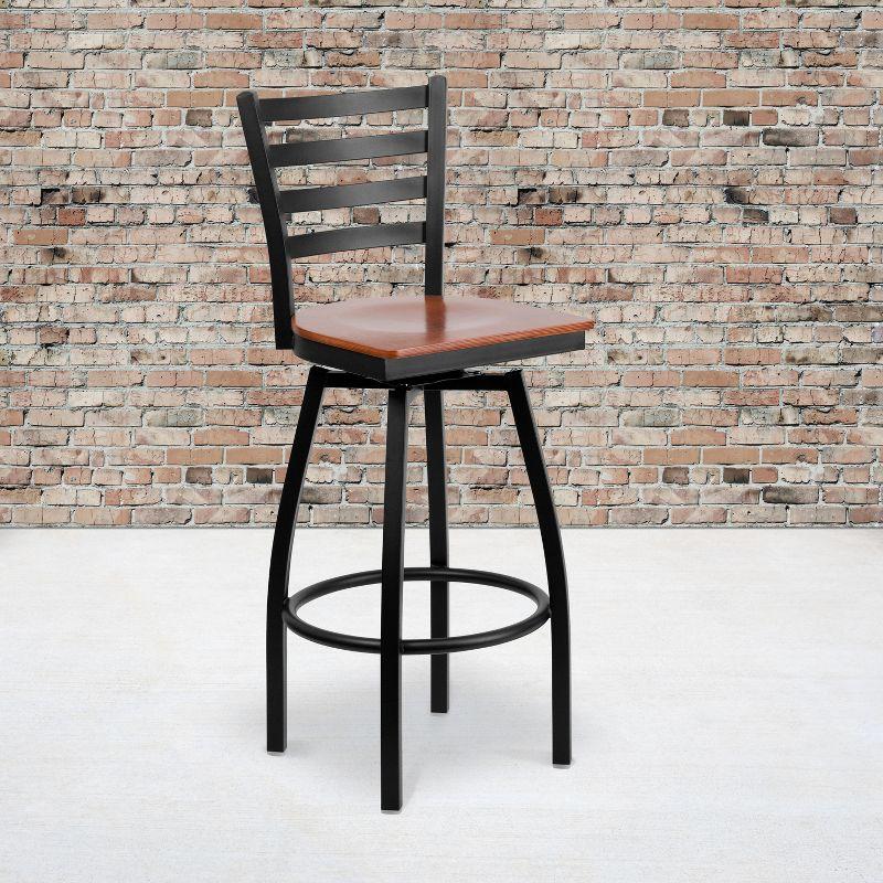 Cherry Wood and Black Metal Swivel Barstool with Ladder Back