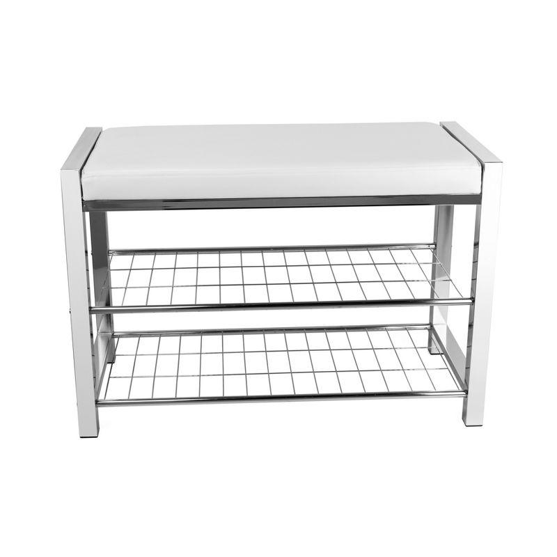 Chic White Leatherette and Chrome Metal Frame Entryway Shoe Bench with Storage