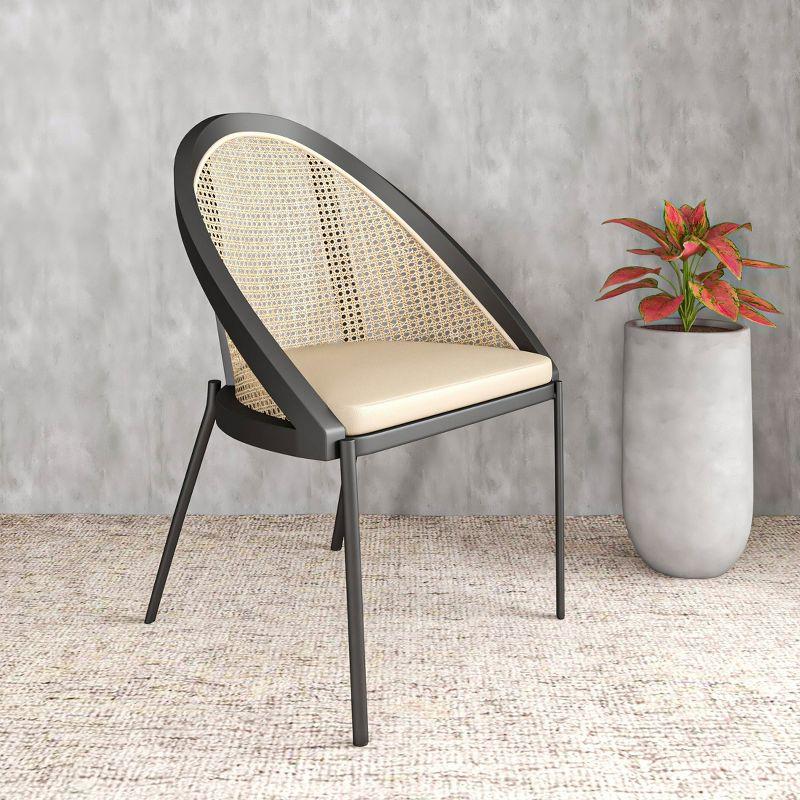 LeisureMod Urbane Dining Chair vynil Upholstery, Wicker-back and Stainless Steel Legs, Set of 4, Cream