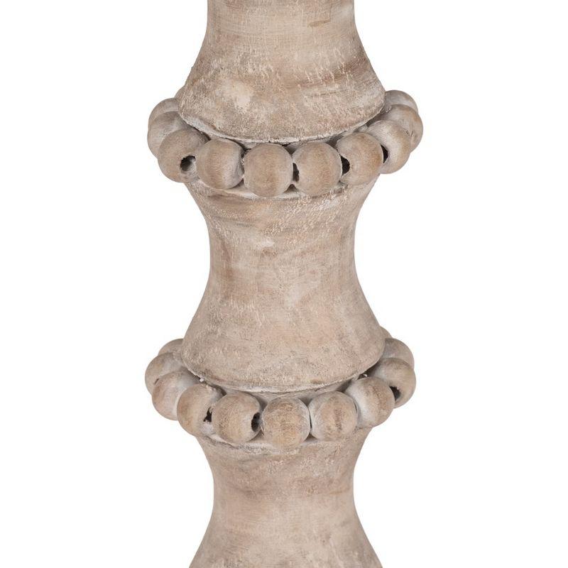 Wood Pillar Candle Holder with Decorative Beads, Antique Finish Candlestick for Home or Wedding Decor, Ivory/Beige