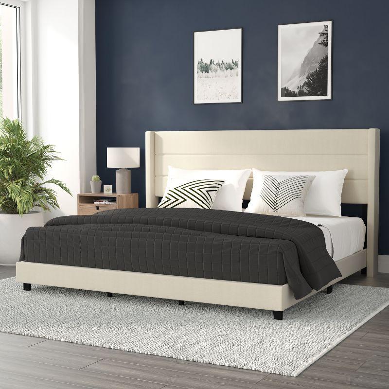 Hollis King-Sized Beige Faux Linen Upholstered Platform Bed with Wingback Headboard