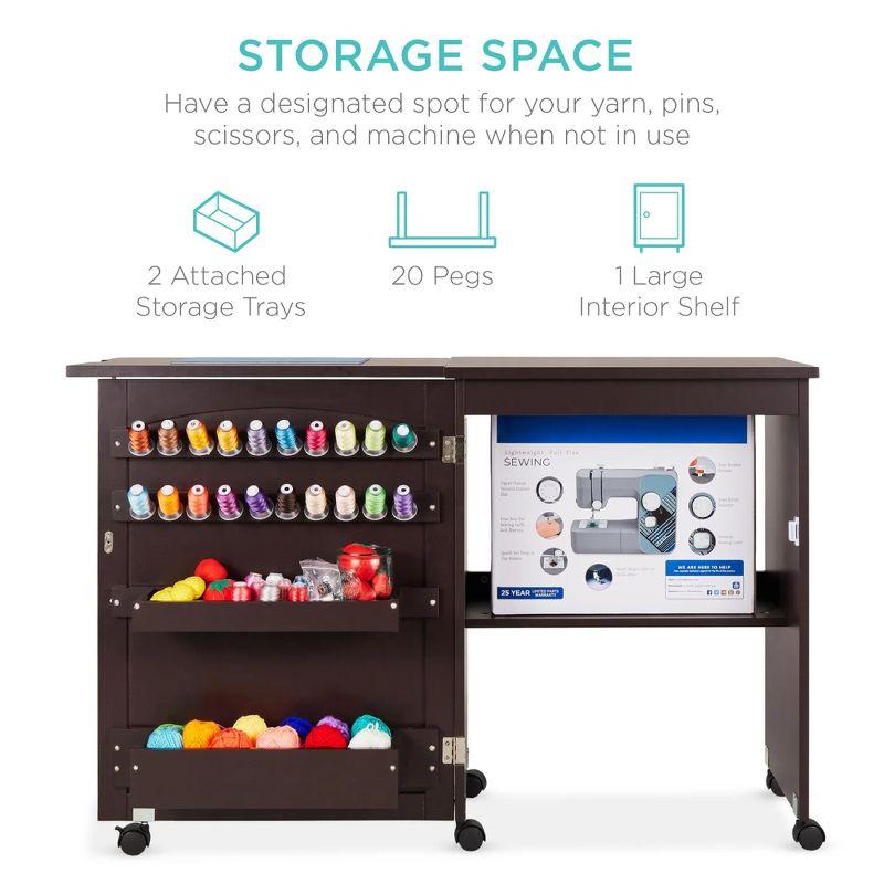 Espresso Compact Folding Sewing Table with Storage and Wheels