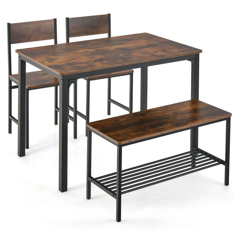 Costway Dining Table Set for 4 Rectangular Table with 2 Chairs, 1 Bench, Storage Racks Rustic Brown/Grey