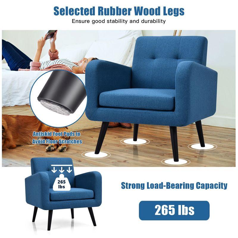 Costway Mid Century Accent Chair Fabric Arm Chair Single Sofa w/Rubber Wood Legs Blue\Grey