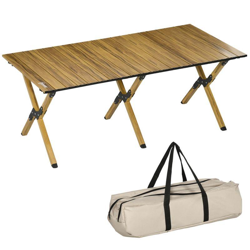 Outsunny Outdoor Portable Table with Collapsing Roll-Up Top, Folding Camping Table, Waterproof Finish, Picnic & Tailgate Table for Beach, Travel, 4'