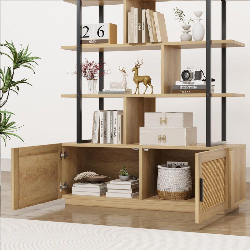 5 Tier Rattan Bookshelf with Storage Cabinet & Door, 71.1 Inch Tall Industrial Book Shelf,5 Shelf Bookcase with Metal Frame-Burlywood