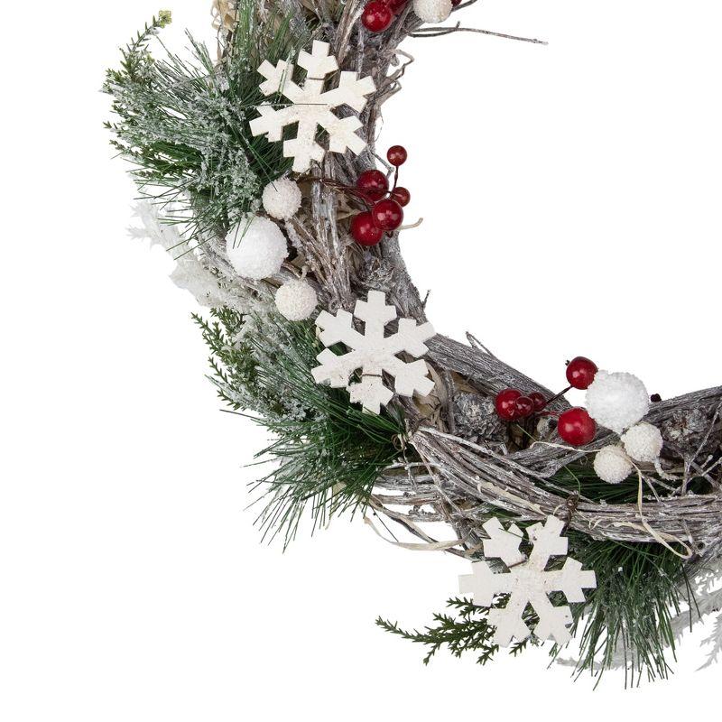 Snowflakes and Berries Winter Foliage Christmas Wreath 24-Inch Unlit