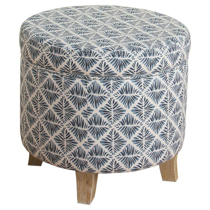 Classic Blue and White Round Storage Ottoman with Wooden Frame