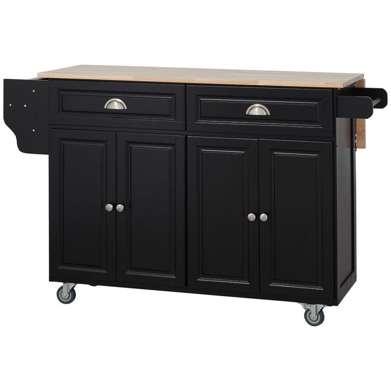 Expandable Black Butcher Block Kitchen Cart with Spice Rack and Storage