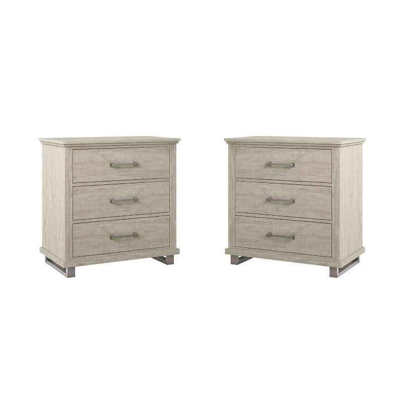 Set of 2 Beige 3-Drawer Nightstands with Metal Legs