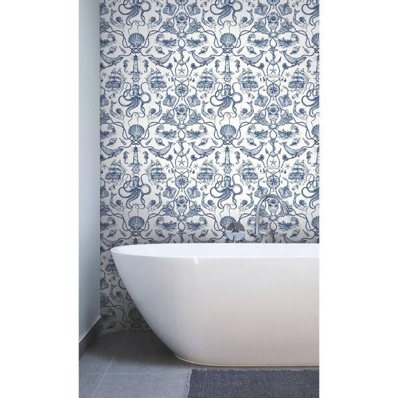 RoomMates Deep Sea Toile Blue Peel and Stick Wallpaper: Nautical Vinyl, Mermaid & Seahorses, Self-Adhesive, 28.18 Sq Ft Coverage