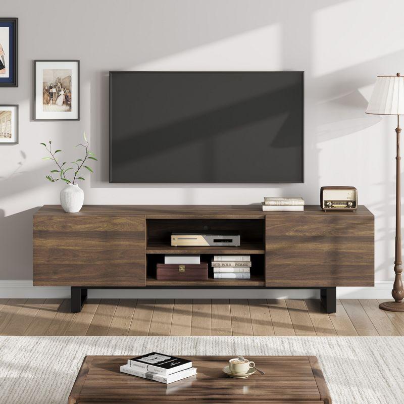 Industrial TV Stand for 80 Inch, Modern Entertainment Center with 2 Drawers, Wooden Cabinet with Heavy Duty Leg and Open Storage for Bedroom, Walnut