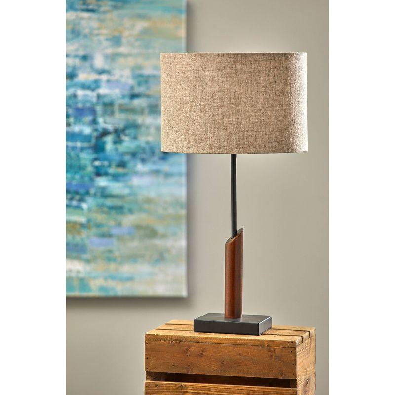 Walnut & Black Metal Mid-Century Desk Lamp with Textured Shade