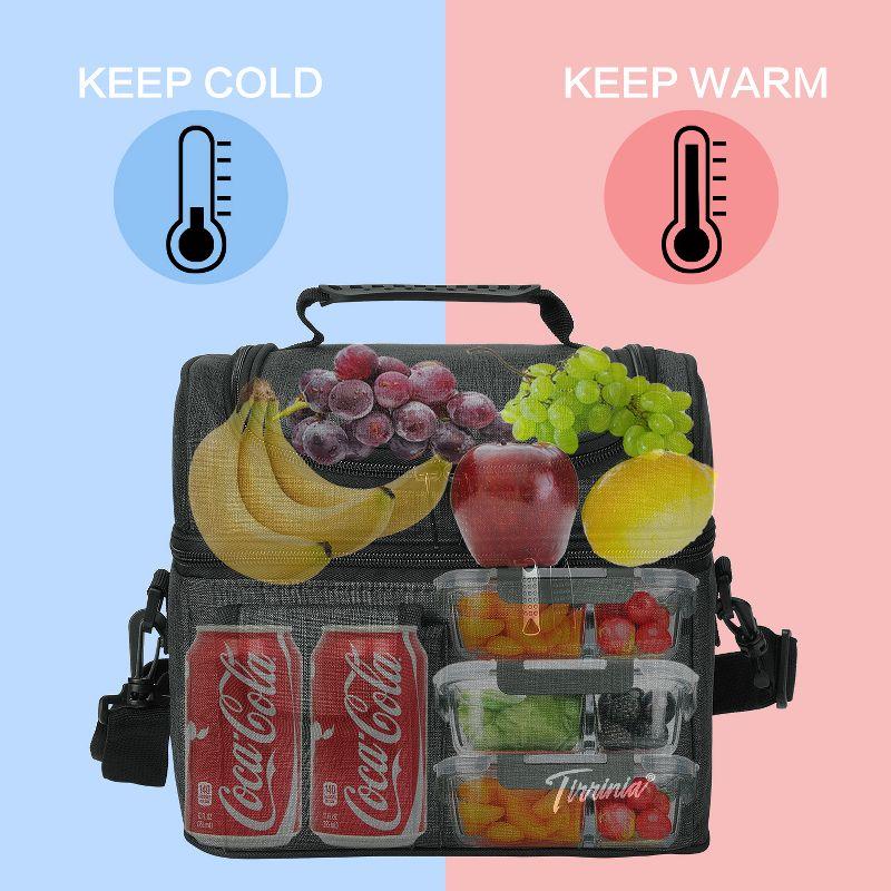 Tirrinia Dual Compartment Lunch Bag with Shoulder Strap for Adults, Large Lunch Bags, Insulated Leakproof Thermal Lunch Totes, Charcoal