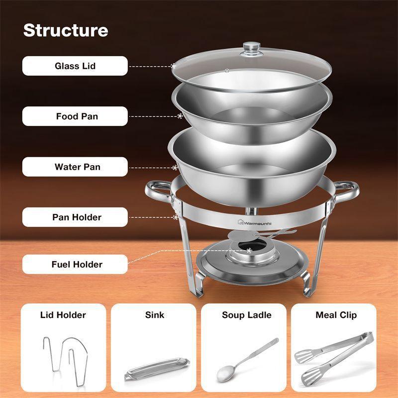 Warmounts 5QT  4-Pack Round Chafing Dish Buffet Set Food Warmer with Glass Lids & Holders