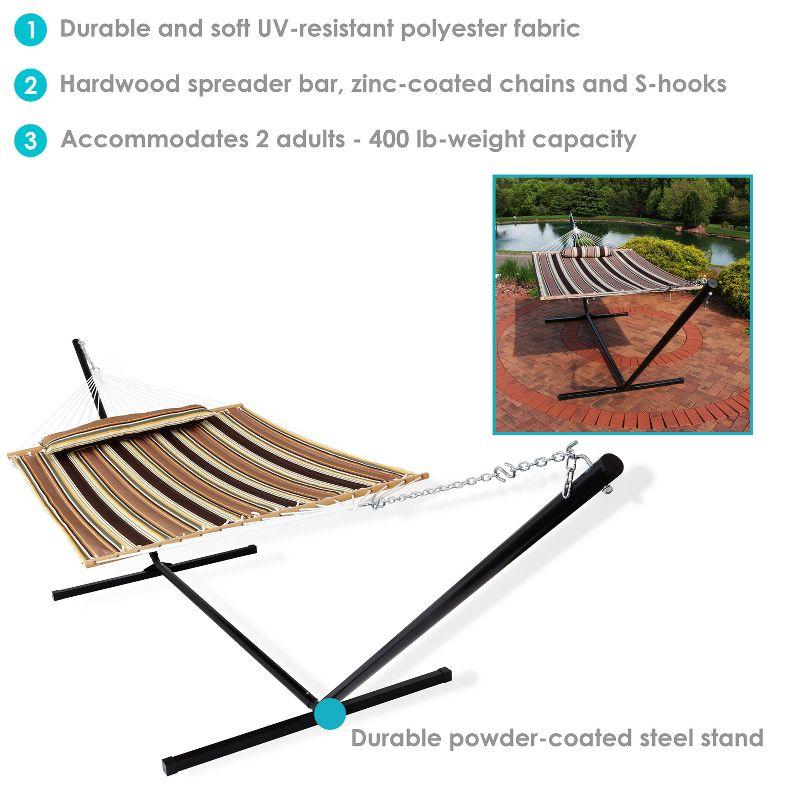 Sunnydaze Outdoor 2-Person Double Polyester Quilted Spreader Bar Hammock with 15ft Black Steel Stand - Sandy Beach