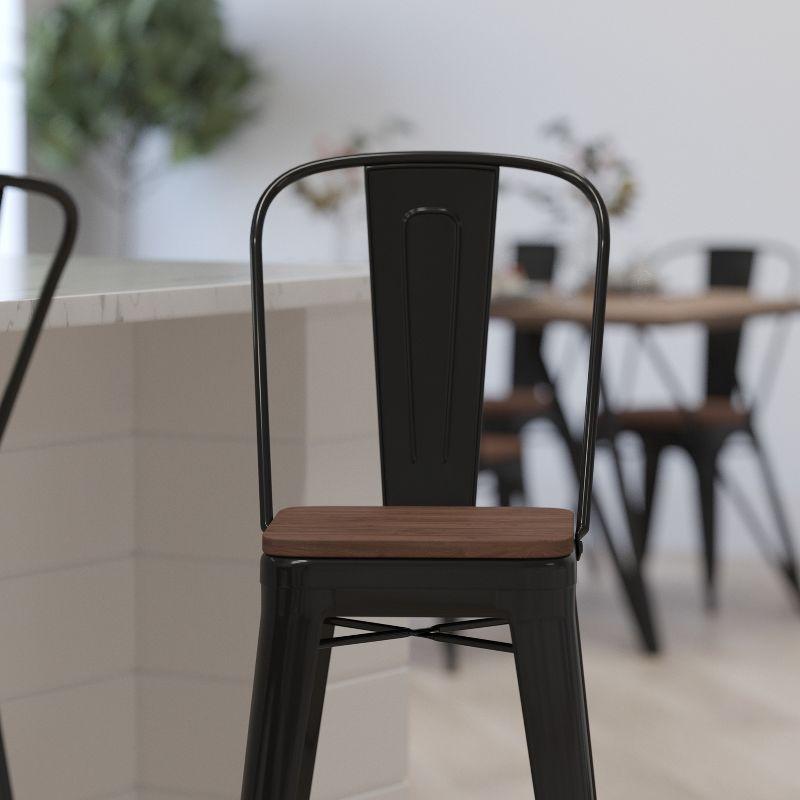 Merrick Lane Metal Dining Stool with Curved Slatted Back and Textured Wood Seat