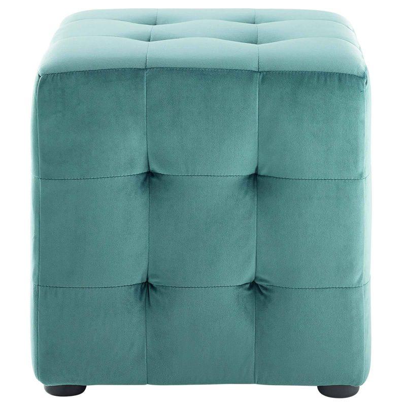 Teal Tufted Velvet Cube Ottoman with Button Details