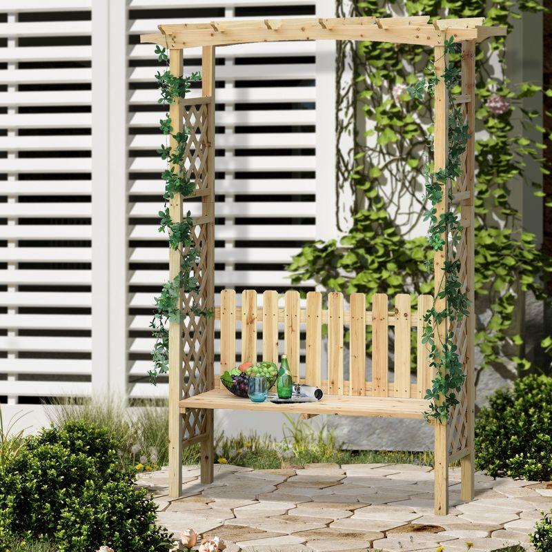 Outsunny Wooden Trellis Arbor Arch for Climbing Plants with Garden Bench, Grow Grapes & Vines, Patio Decor & 2-Person Seating, Natural