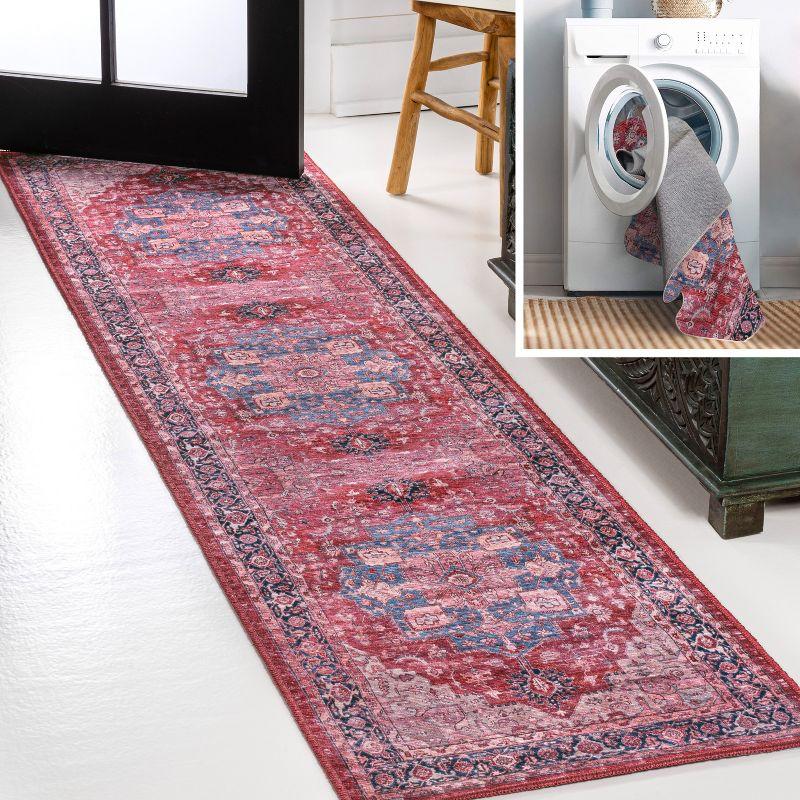 Maris Ornate Medallion Machine-Washable Red/Black/Blue 2 ft. x 8 ft. Runner Rug - JONATHAN Y
