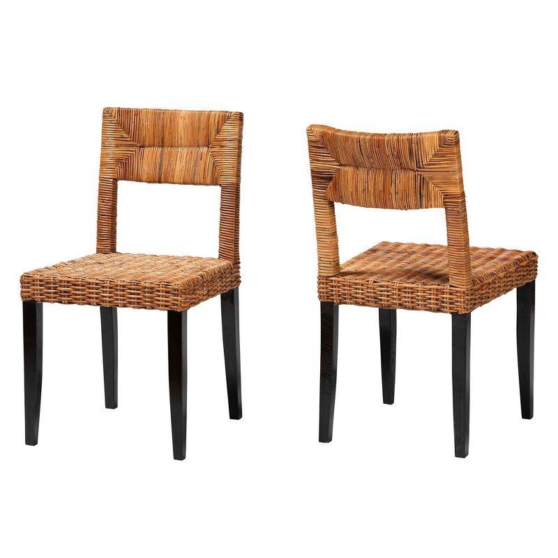 bali & pari Manrico Wood and Natural Rattan Dining Chair Dark Brown/Natural Brown: Bohemian Style, Geometric Weave, No Assembly Required