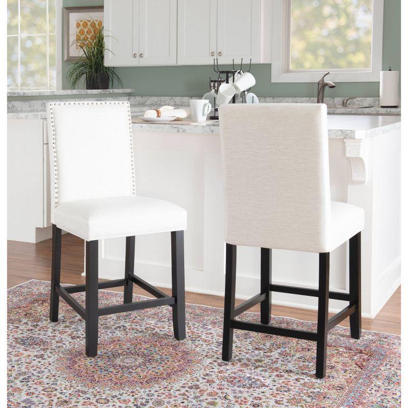 Linon 24" Stewart Padded Back and Seat Faux Leather Upholstered Counter Height Barstool - Glitz White: Elegant Nailhead Trim, Wood Legs