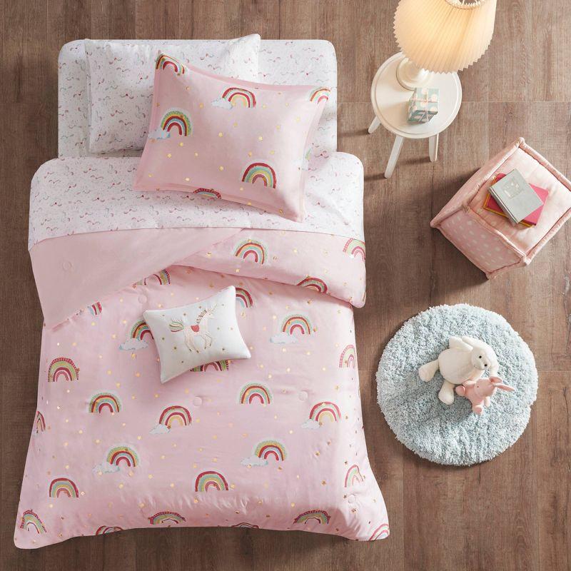 Intelligent Design Kids Alicia Rainbow and Metallic Stars Comforter Set with Bed Sheets